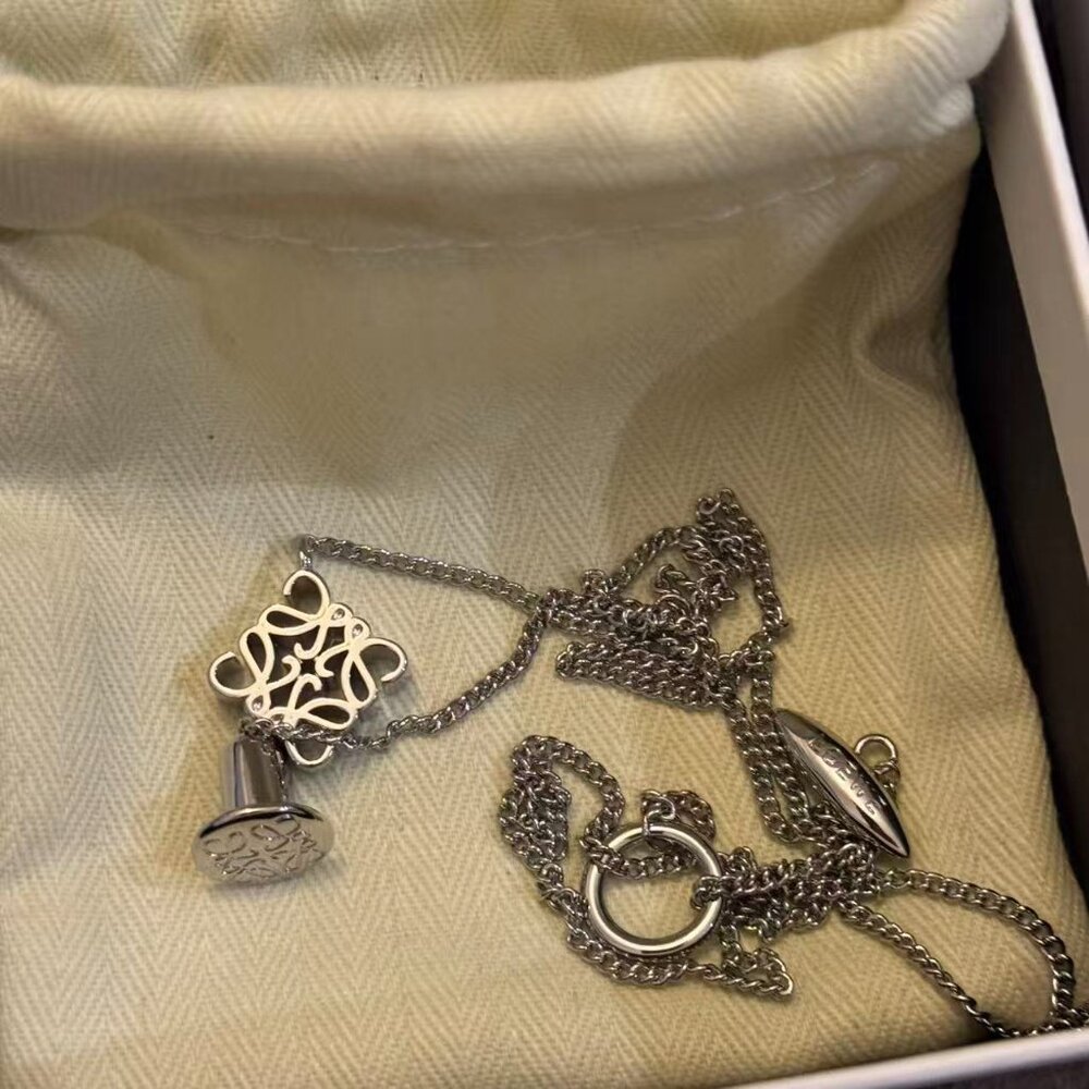 Loewe Silver Tone Anagram Charm Necklace Minimal Chain Like New